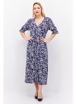 Buy Women Floral Button-Thru Short Sleeve Midi Dress, White/Blue in UAE