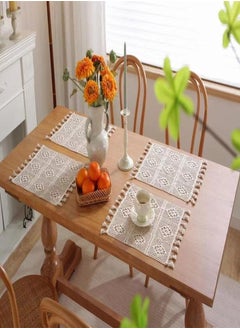 اشتري 4-Piece Hollow Lace Crochet Braid Tassel Tablecloth/Table Mat/ Placemat Cotton Beige 32 x 40 Centimeter في الامارات