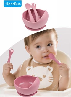 Buy Baby Silicone Bowl with Spoon and Fork 3 Pcs for Over 6 Months Baby Utensils for Self-Feeding, Suction Cup Bowl (Pink) in UAE