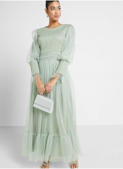 Buy Puff Sleeve Mesh Dress in Saudi Arabia