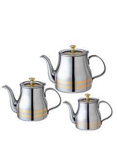 Buy Tea pot set of 3 different sizes, made of stainless steel, with golden decor in Saudi Arabia