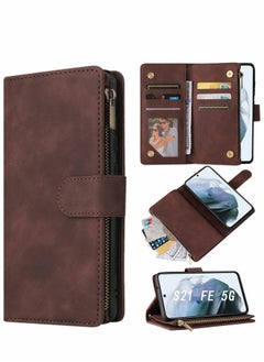 اشتري Case for Samsung S21 FE 5G Wallet with Card Slot Premium Soft PU Leather Zipper Flip Folio Wrist Strap Kickstand Protective Galaxy 6.4 inch Coffee في السعودية