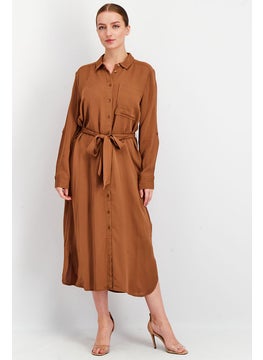 اشتري Women Solid Long Sleeve Midi Dress, Brown في الامارات