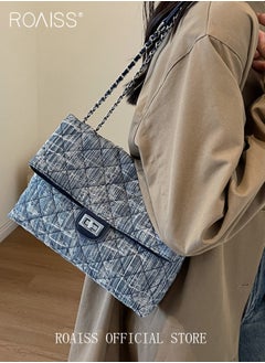 Buy Women Distressed Chain Hobo Bag Personality Driven Distressed Denim Crossbody Bag with Diamond Grid Pattern and Large Capacity in Saudi Arabia