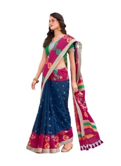 اشتري Ikkat Pattu Blue Saree Having Red Contrast Pallu With Royal Tassels And Border Plus Unstitched Blouse في الامارات