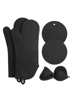 Buy Heat Resistant Silicone Waterproof Oven Mitts And Pot Holder Set Black in UAE