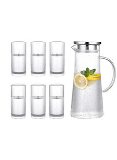 Buy Pitcher Jug Set 1500ml 6x290ml Glass Cup Set Borosilicate Glass Heat Resistant with Arc Shape Handle Leakproof Lid And Stainless Steel Housing in UAE