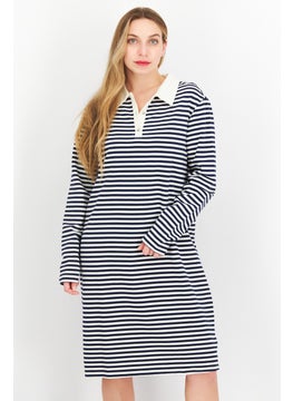 Buy Women Spread Collar Stripe Midi Dress, Ivory/Navy in UAE