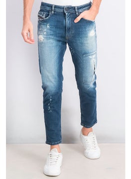 Buy Men Regular Fit Rip Stretchable Denim Jeans, Blue in UAE