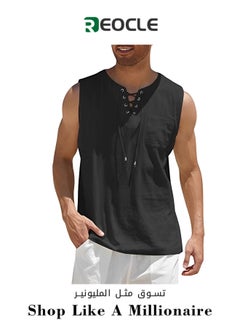 Buy Men's Sleeveless Top Medieval Eyelet Lace-up Stand Collar Men's Pullover Shirt in UAE