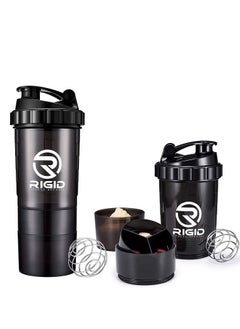 Buy Protein Shakers (2-Pack of 500ml) - Leak-Proof Shaker with Compartments for Powder & Pill Storage - Transparent Mixer - Healthy BPA Free Bottle - Ideal for Exercises (Black/Transparent) in Saudi Arabia