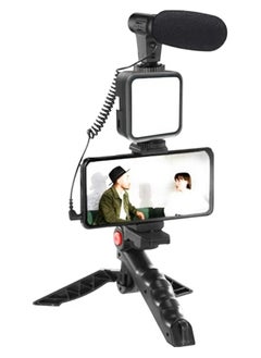 Buy Vlogging Studio Kit: Mobile Phone Holder + Hand Grip/Mini Tripod, Compatible with Smartphones for TikTok, YouTube, Live Streaming, Includes "Like Me" LED Video Light + Microphone in UAE