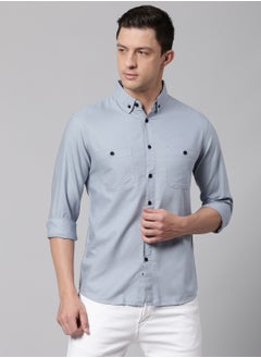 Buy Dark Blue Slim Fit Casual Spread Shirt - 100% Cotton in Saudi Arabia