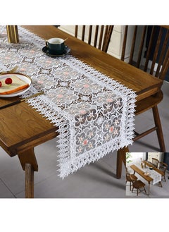 اشتري Lace Table Runner Rectangular White Cotton Linen Fabric Dresser Scarf with Delicate Lace Embroidered Table Runner for Kitchen Home Wedding Party Dining Room Decor, White 15 in x 72 in في الامارات