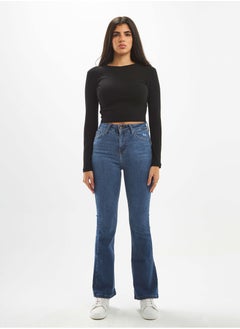 Buy High-Waist Dark Wash Scratched Flared Jeans. in Saudi Arabia