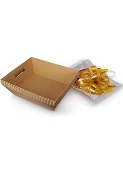 اشتري (5Pk) Large Baskets For Gifts Empty Tray For Gifting Storage 10X12” Sturdy Cardboard Tray With Handles 5 Cellophane Gift Bags And 5 Gold Pull Bows For Gifting في الامارات