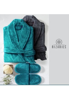 Buy Couple Set Teal & Grey (2 Velour Bathrobe, 2 Velour Slippers) in UAE