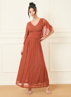 Buy Self Design Striped Frill Sleeves A-Line Maxi Dress in Saudi Arabia