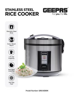 اشتري Automatic Rice Cooker With Non Stick Inner Pot, Stainless Steel Body And Plastic Steamer, Cook/Steam/Keep Warm Functions 1.8 L 762 W GRC4330N Silver/Black في السعودية