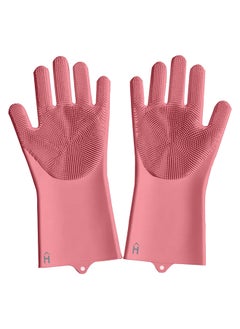 اشتري Home Pro Reusable Silicone Gloves With Wash Scrubber Waterproof Dishwashing Cleaning Rubber Gloves Heat Resistant For Cleaning Household Washing Pets Washing Car Pink (1Pair) في الامارات