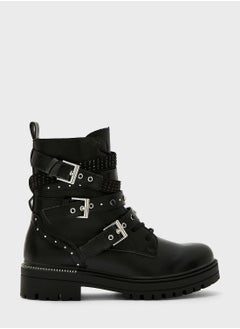 Buy Pu Buckle Triple Strap Chunky Sole Biker Boots in UAE