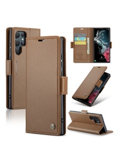 Buy Flip Wallet Case For Samsung Galaxy S22 Ultra, [RFID Blocking] PU Leather Wallet Flip Folio Case with Card Holder Kickstand Shockproof Phone Cover (Brown) in UAE