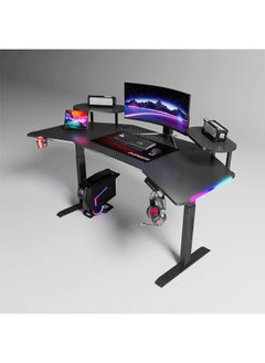 Buy Multifunctional Adjustable Height Gaming Desk with RGB LED Lights, Wireless Remote, Handle Rack, Cup Holder, USB Socket and Headphone Hook 160 CM in UAE