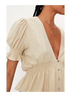 Buy Linen Button Through Puff Sleeve Top in UAE