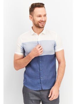 Buy Men Fitted Colorblock Short Sleeve Casual Shirts, White/Blue in UAE