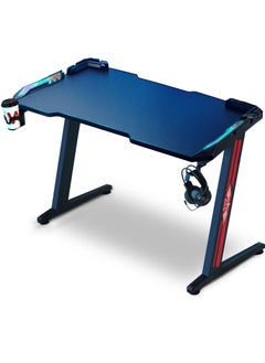 Buy Z Shaped Gaming Desk for Computer and PC Workstation with LED Lights carbon Fiber Surface, Cup Holder and Headphone Hook, 120x60x75cm, Blue in UAE