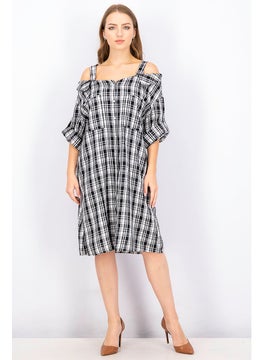 اشتري Women Plaid Cold Shoulder Shirt Dress, Black and White في السعودية