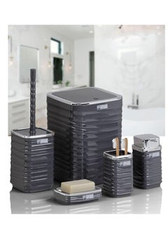 Buy Luna square 5 pcs bathroom set (soap dish soap dispenser trash can toilet brush & holder toothbrush holder) chrome lid (grey) in Egypt