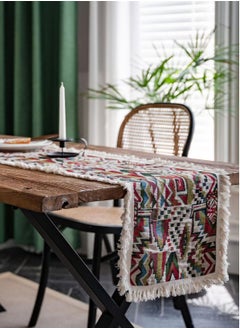 اشتري 1-Piece Color Jacquard Tablecloth Retro Style Geometric Badge Pattern Four Sides Fringed Tablecloth Cotton Material 30 x 180 Centimeter في الامارات