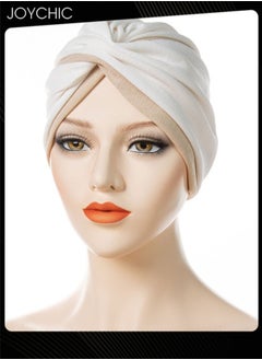 اشتري Muslim Hijab Instant Hijab for Women two-color Stitching Forehead Cross Turban Islamic  Fashion Cotton Head Cover for Women and Girls White+Beige في السعودية