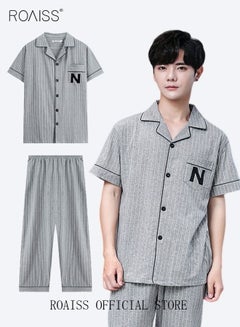 Buy 2-Piece Pajama Set Men's Cotton Short-Sleeved T-Shirt Long Pants Sets Pattern Sleepwear Nightgown Male Loose Spring Summer Thin Loungewear Home Clothes Grey in UAE