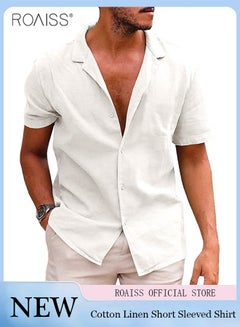 Buy Fashionable Casual Cotton And Linen Shirt Men'S Summer Daily Lapel Solid Color Short Sleeve Button Closure Top in UAE