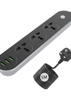 Buy 5 meter Universal Power Extension Cord with3 Power Plugs and 3 USB Outlets, 3 Way Power Strip with 3 USB Slots, Extension Lead 5 meter - Black in Saudi Arabia