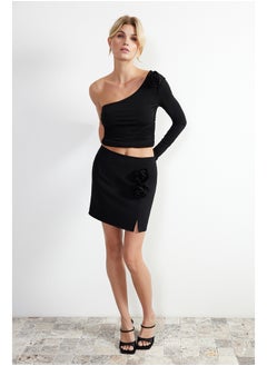 Buy Black Front Rose Detailed Slit Detailed Mini Woven Skirt TWOSS24ET00110 in Egypt