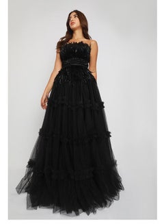 Buy Evening Dress of Tulle Material Decorated with Feathers On The Chest and From Bottom, A Wide Cut in Saudi Arabia