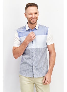 Buy Men Fitted Colorblock Short Sleeve Casual Shirts, White/Blue in UAE