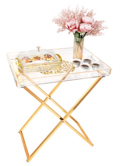 Buy Serving Tray With Stand - Durable Acrylic Spill Proof Decorative Serving Rack - Detachable Tray with Handle For Appetizer, Breakfast, Coffee, Tea, Fruit tray for Home & Office (Gold Design) in UAE