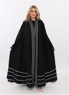 Buy Black abaya with black sleeves and white vertical slits at the collar and horizontal slits at the bottom. in Saudi Arabia