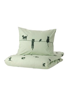 Buy Duvet Cover And Pillowcase Cat Pattern Green 150X200 50X80 Cm in Saudi Arabia