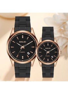 Buy HALEI Luxury Couple Watches Gold-Black Tone Stainless Steel Quartz Calendar Wristwatch Rhinestone His and Her Watch Set in Saudi Arabia