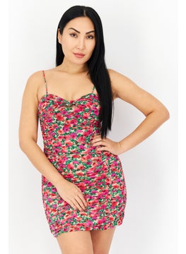 اشتري Women Floral Print Mini Dress, Pink/Green في السعودية