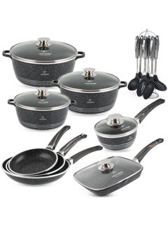 Buy Cookware Set Granite Non-Stick 100% PFOA Free Induction Base 20 pieces Pots and Pans Set with Lid Include Casseroles, Sauce Pan, Grill Pan, Cooking Utensils in UAE