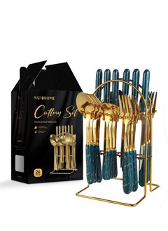 اشتري 24-Piece Stainless Steel Cutlery Set With Stand Green في السعودية