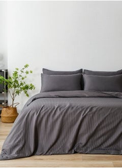 Buy Premium King Size 6 Pieces Bedding Set without filler, Solid Dark Gray Color, Satin Stripe Design. in UAE