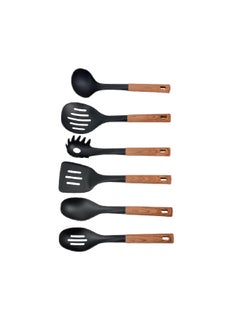 Buy 6-Piece Wooden Handle Cooking Utensil Set with Stand Black and Brown 38 x 14 x 14 cm HS-1968AW in Saudi Arabia