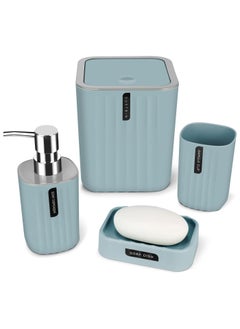 اشتري Bathroom Accessories Set 4 Piece Bath Ensemble Includes Trash Can, Soap Dispenser, Toothbrush Holder, Toothbrush Cup for Decorative Countertop and Housewarming Gift, Blue في الامارات